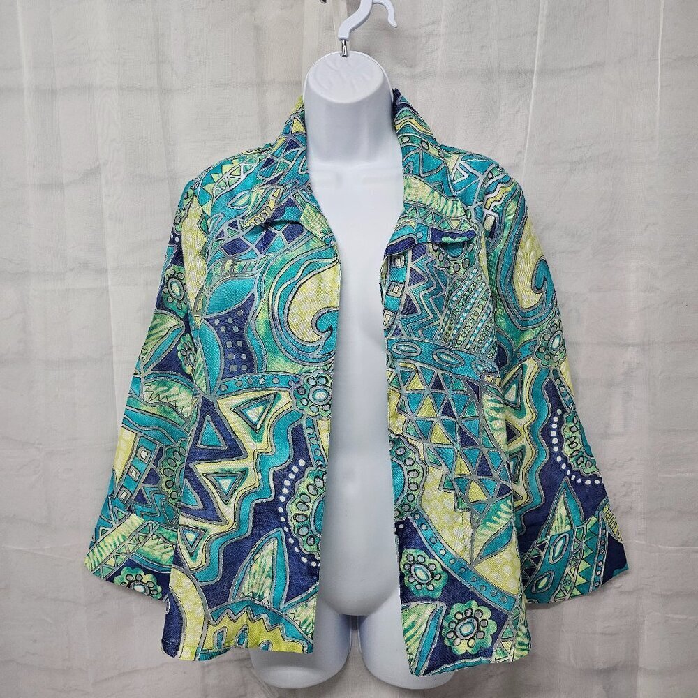 Chico's Jacket Blue Green Abstract Artsy Burnout Open Psychedelic Shacket 2 (L)